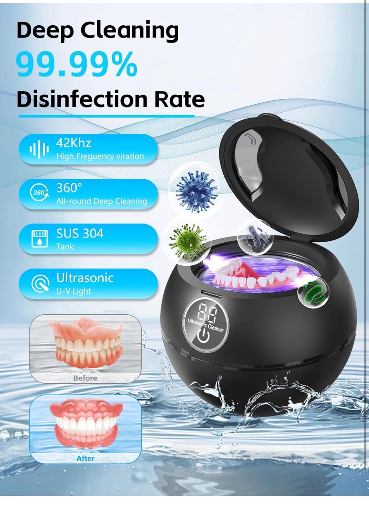 Ultrasonic Retainer Cleaner, 44kHz Sonic Cleaning Pod for Dentures, Aligners & Mouth Guards, 180ML, 3 Timer Settings, Portable for Dental Appliances &