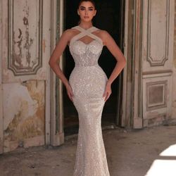 Prom Beige Sequence Dress Size Large $100