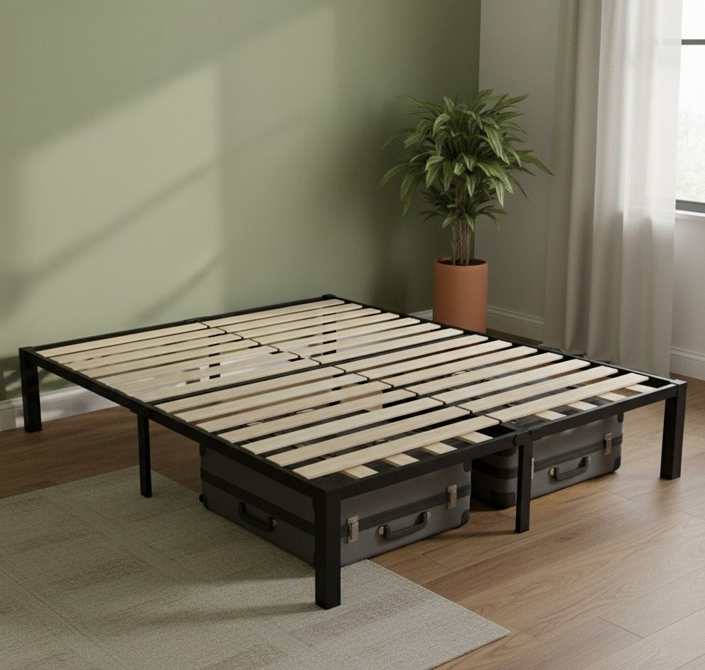 14 inch Queen Size Bed Frame with Wood Slats - 3500lbs Heavy Duty No Box Spring Needed Platform, Mat