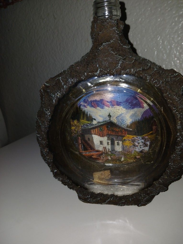 Vintage Flat Glass Round Wood Encased Decanter With Snow Capped Mountain Scene