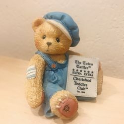 Cherished Teddies Cub E. Bear "Bear with Newspaper" - 1995 Membership Figurine.