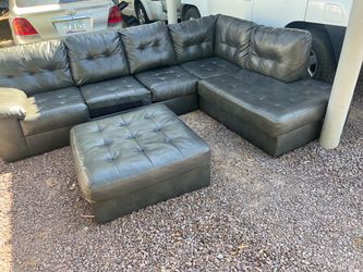 Dark Gray Faux Leather Sofa with Ottoman