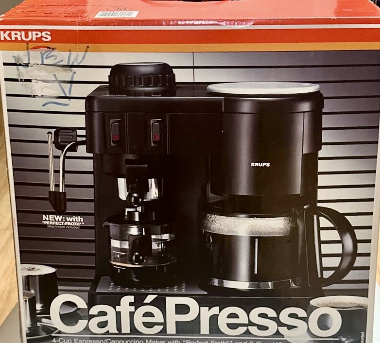 Krups Cafe Presso -Dual 8 Cup Coffee Maker And 4 Cup Espresso/Cappuccino Maker with Perfect Froth -NIB