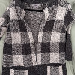 Checkered Wool-like Open-Front Longline Cardigan