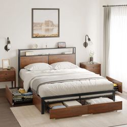 LED Bed Frame Full/Queen with 4 Storage Drawers 2 Charging Outlets and 2 USB Ports Strong Metal Slats Support No Box Spring Needed