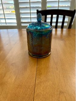 Vintage Blue Carnival Glass Grape and Cable Canister with Lid