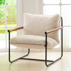 Beige Modern Accent Chair Living Room Chair with Wood Armrests, Foam Cushion & Sturdy Metal Frame Reading Chair Retails $121