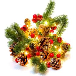 Christmas Garland Lights String 6.7Ft 20 LED Battery Operated with Pine Cone Red Berry Jingle Bell for Xmas Decor Fireplace Door Tree Indoor Outdoor