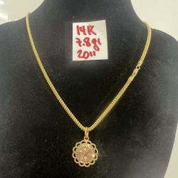 14K Solid Gold Chain and Pendant For Wedding 7.8Gr 20 Inches Long 