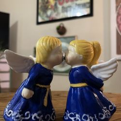 Vintage 80’s KISSING ANGELS Magnetic Salt & Pepper Shakers - Porcelain