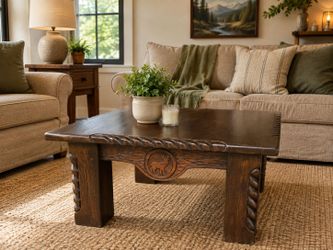 Rustic hand Carved Wood Coffee Table