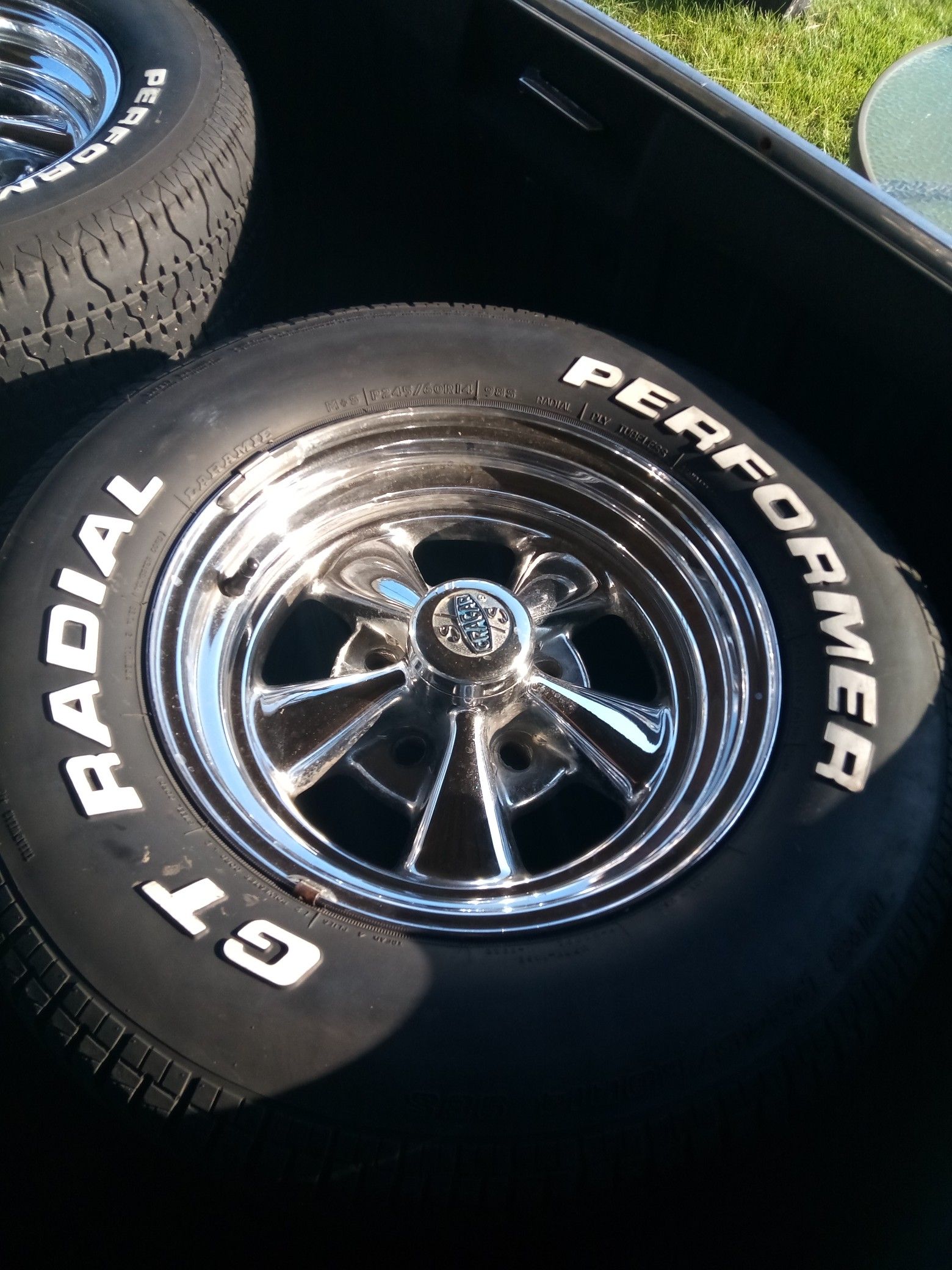 Cragar ss 14" inch chrome 5 spoke off an El Camino 5 on 4.75 slotted to fit 4.5 and 5 size 245/60 14
