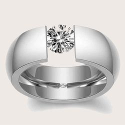  Stainless Steel Simple Band Ring With Inlaid Rhinestone