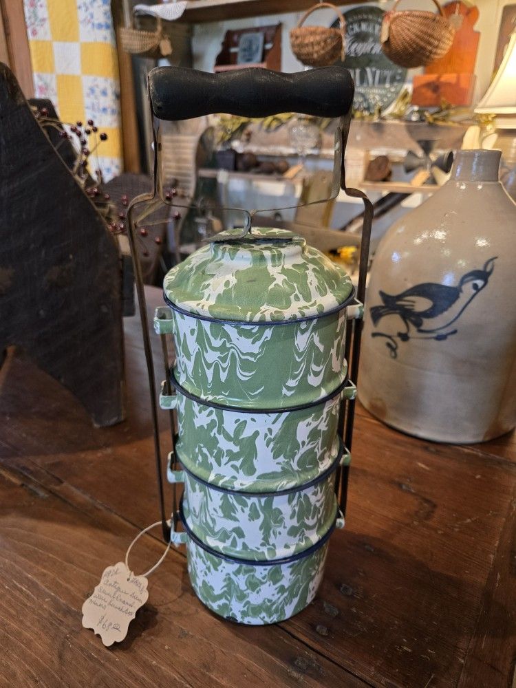 Vintage Green And White Enamelware Tiffin