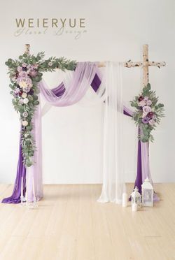 WEIERYUE Deluxe Purple Artificial Wedding Arch Flowers With Drapes Kit-Pack Of 5, 2pcs Flower Arrangements 3pcs Hanging Sheer Drapes Blue Ceremony Arb