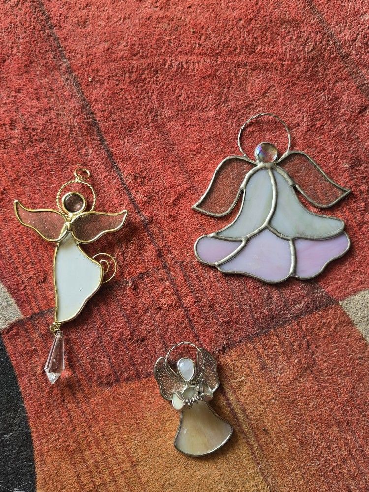 Set of 3 Vintage Stained Glass Angel Suncatchers - Iridescent & Pastel - Boise