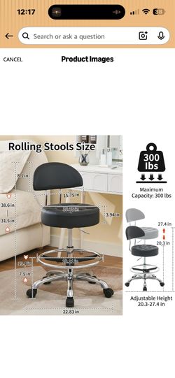FIRAVOE Salon Stool with Back Support (Sturdy Aluminum Base) (Lash Chair with Quiet Wheels and Foot Rest) Black Leather Vanity Chair (Black)