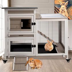 PET32-GREYWHITE Rabbit Hutch Indoor 40" L Large 2 Story Outdoor Wooden Bunny Hutch with Run, 4 Metal Wheels & 2 Deeper Trays, UV-Proof Panel Rabbit Ca
