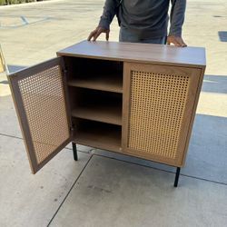 New In Box 31.5x15x33 Inch Tall Entryway Rattan Buffet Sideboard Cabinet Cupboard Shelf Teak Microwave Stand Shoe Rack Storage 
