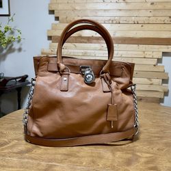 Michael Kors Hamilton Cognac Leather Silver tone Hardware Large Luggage tote Bag