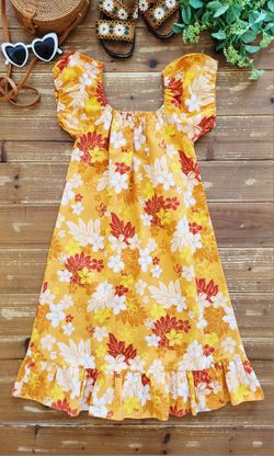 SIZE 9-10 GIRLS ORANGE HAWAIIAN FLORAL COTTON MUUMUU DRESS