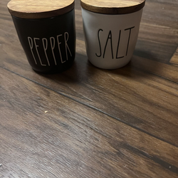 Rae Dunn Salt & Pepper Cellars Black White With Wood Tops