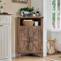 Corner Bathroom Cabinet, Farmhouse Small Corner Cabinet with Barn Door & Adjustable Shelf, Storage Cabinets for Bathroom, Kitchen, Living Room, Rustic