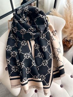 Black and Beige Floral Print Wrap Scarf
