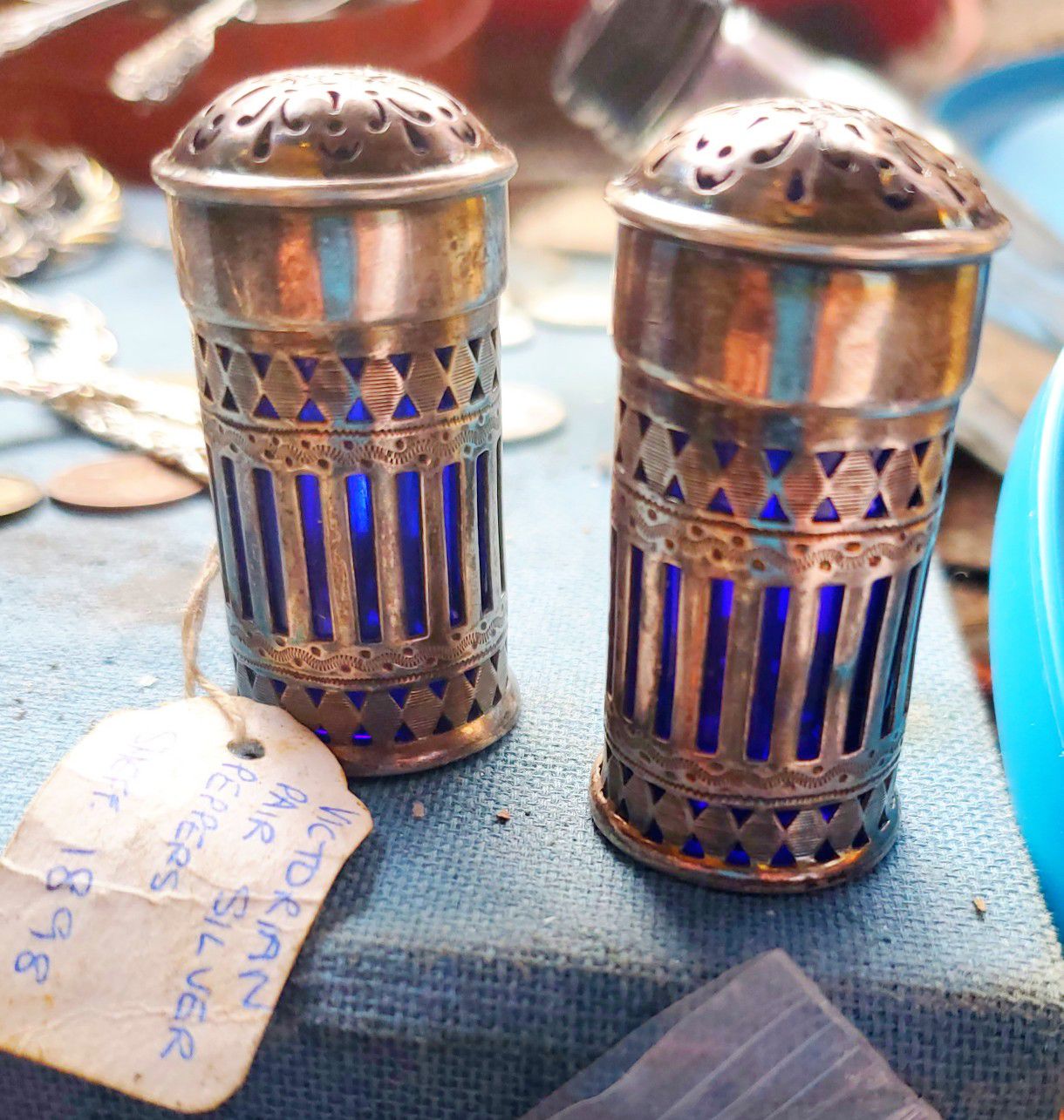 1898 VICTORIAN SILVER & BLUE SHAKER SET (AUTHENTIC & STAMPED)