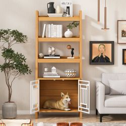 Modern Furniture Style 2 IN 1 Pet Friendly Dog Crate Ladder Bookcase in Ancient Oak MDF and Steel
