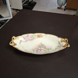 Gorgeous Oval Ceramic Limoges With Gold Accents Ribbons & Florals W/Scalloped Edges 10.5" X 5.5"