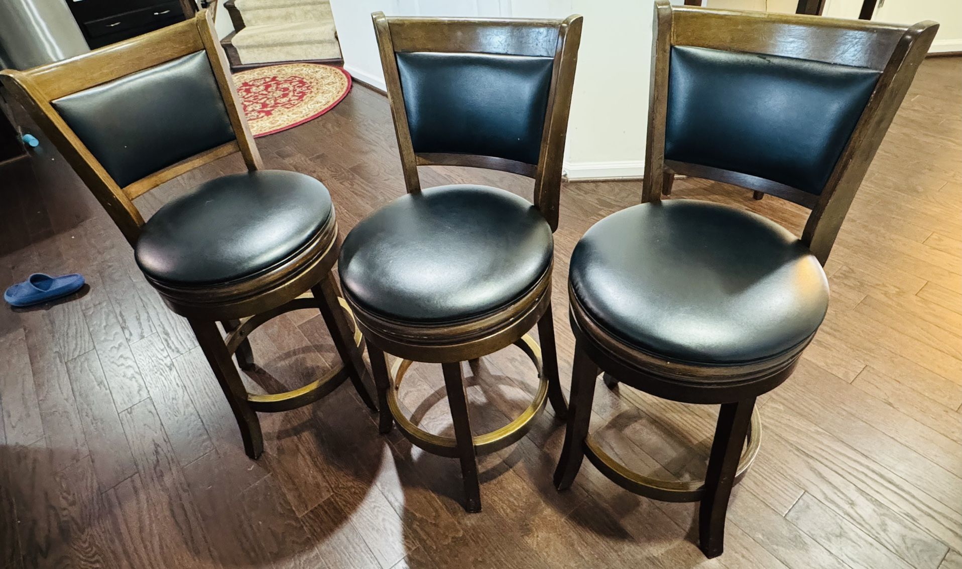 Bar Stools Set of 3, 360 Degree Swivel, Accent Wooden Swivel Seat Counter Height Bar Stool, Leather