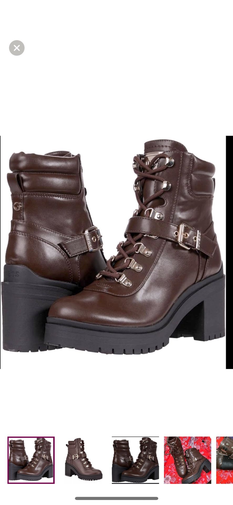 GUESS Women's Canaly Lug Sole Block Heel Combat Brown Leather Ankle Boots 8