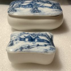 Artist-Signed Hand-Painted Blue & White Vintage Ceramic Dishes Winter Cottage Scenery 