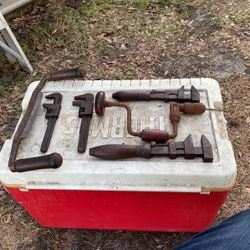 Antique -4 Adjustable  Wrenches,  Bit & Brace Hand Drill, Draw Shave