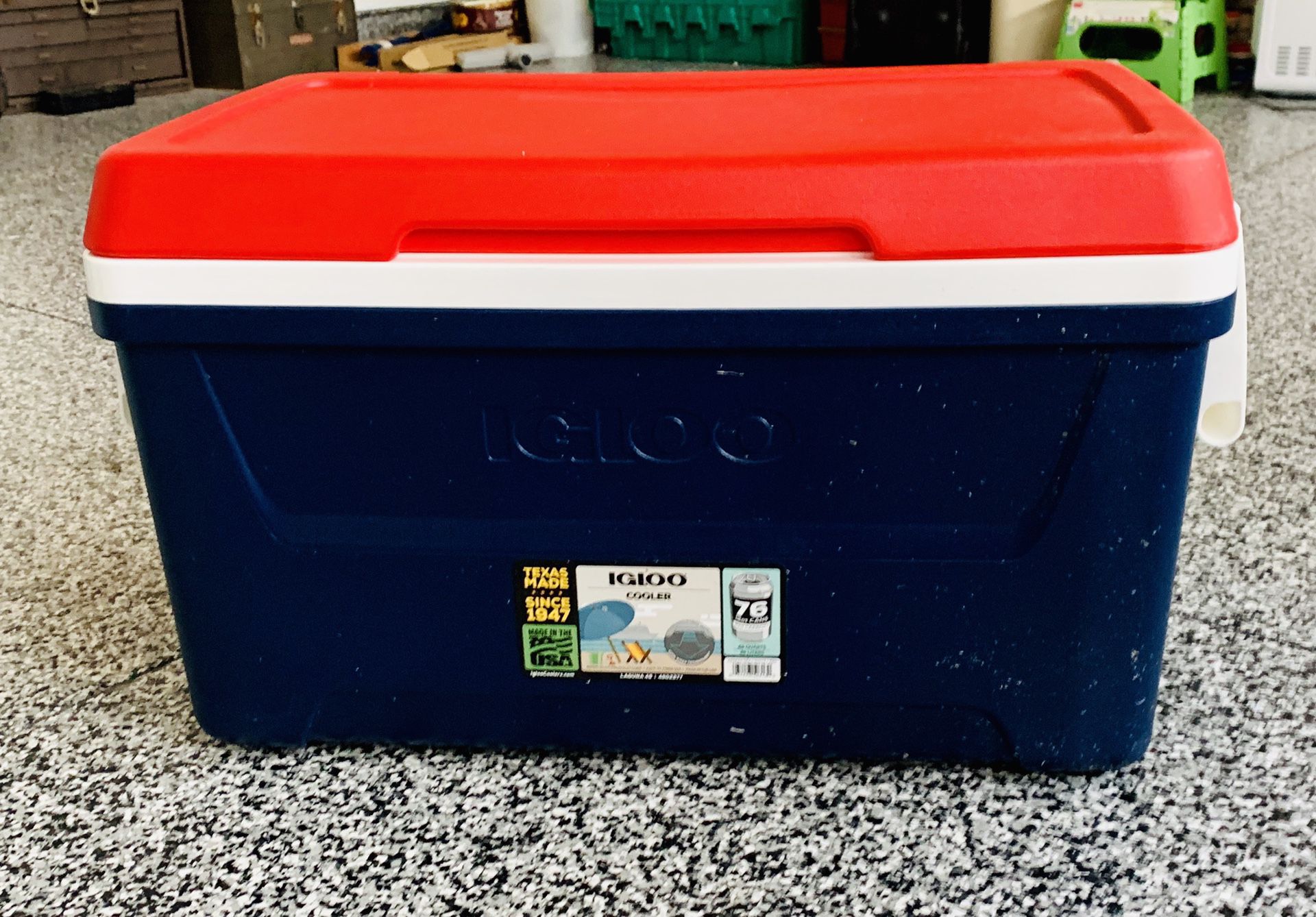 Igloo 48 quart cooler = 76 12oz cans (red white and blue)