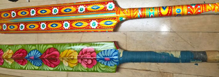 Authentic Pakistani Truck Art Cricket Bats - Hand-Painted Folk Art Decor (Pair)