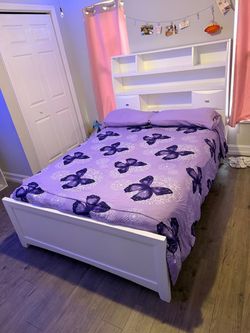 White Full Bed Frame with Storage Headboard dresser mirror