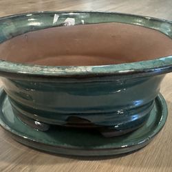 Oval Bansai Ceramic Pot Teal with Saucer 10”