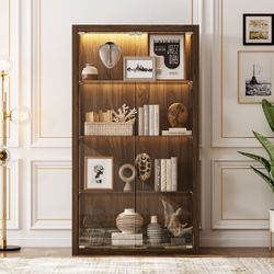 63 inches Modern Transitional Brown China Cabine t With Glass Door And Light