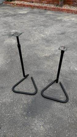 Two Used Adjustable Height Powder Coated Metal Home Theater Speaker Stands