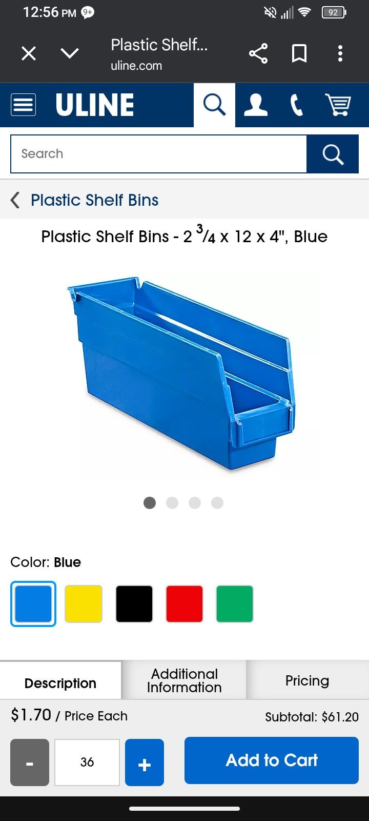 Plastic Shelf Bins - 2 3⁄4 x 12 x 4", Blue 36 Per Set