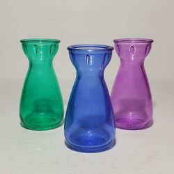3 Small Glass Bud Vases Set Purple Blue Green