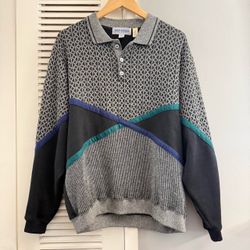 Vintage 90’s NEW WORKS Button-Up Knit Sweater Black / Grey Sz Large