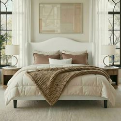 Queen Size Bed Frame, Upholstered Wingback Platform with 47" Tall Tufted Headboard, Plush Velvet Fabric, Modern Minimalist Design, No Box Spring Requi