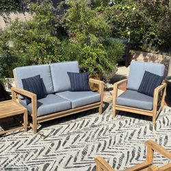 Gorgeous Teak Wood Seating Set, Love Seat, Club Chair and A Side Table with New Sunbrella Cushions