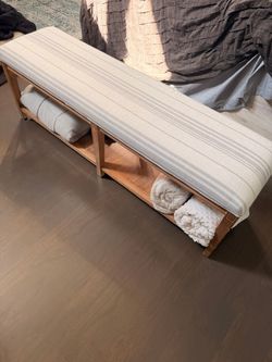 Striped Linen-Look Upholstered Bench with Storage Shelf