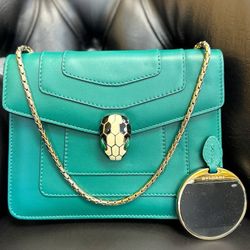 Bvlgari Serpenti Forever Square Cross-body Shoulder Bag calf Leather Emerald green Receipt & Mirror