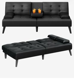 Black PU Leather Convertible Futon Sofa Bed – 64