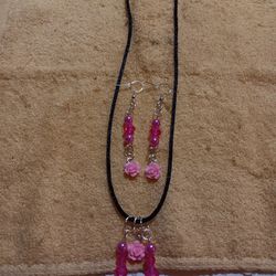 Pink Rose Earrings And Necklace Set 🌹